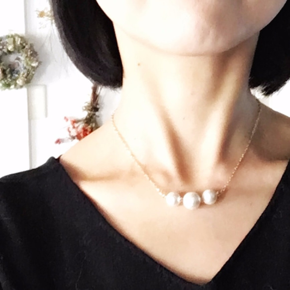 棉珍珠：3粒項鍊（Kisuka） 第3張的照片