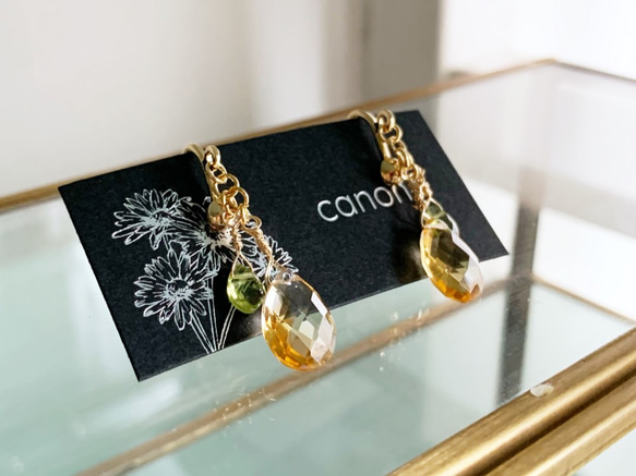 [8 月和 11 月生日石] 閃閃發光的黃水晶和橄欖石耳環/耳環 第2張的照片