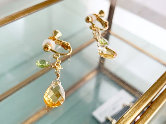 [8 月和 11 月生日石] 閃閃發光的黃水晶和橄欖石耳環/耳環 第3張的照片