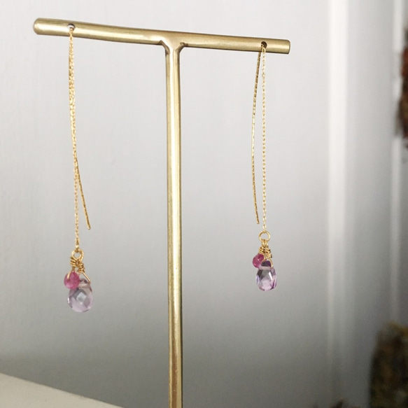 [二月和七月誕生石]紅寶石和紫水晶美國耳環 第4張的照片