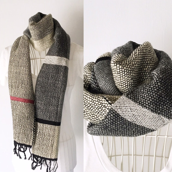 【羊毛：秋冬】男女皆宜：手工編織圍巾“灰與黑混合” 第3張的照片