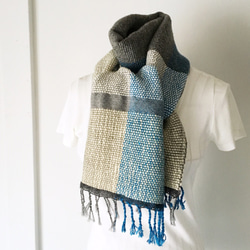 【羊毛＆絲綢：秋冬】男女皆宜：手工編織圍巾“Blue＆Grey Mix” 第2張的照片