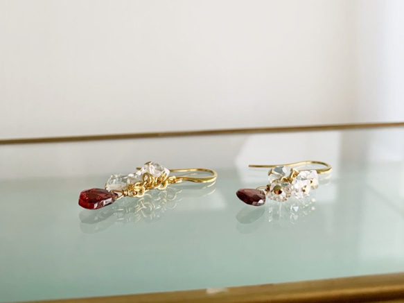 【一月四月生辰石】不變的愛情“石榴石”和“赫基默鑽石”耳環/吸引機遇的耳環 第2張的照片