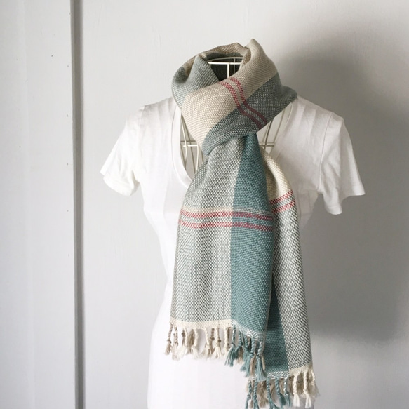 [嬰兒羊駝毛]中性：手工編織的圍巾“翡翠綠混合3” 第3張的照片