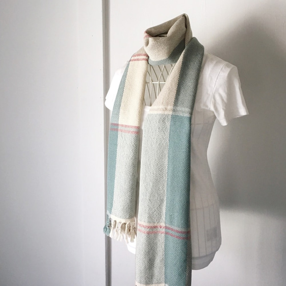 [嬰兒羊駝毛]中性：手工編織的圍巾“翡翠綠混合3” 第4張的照片