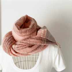 [羊毛]中性：手工編織的圍巾“ Pink＆White Mix 2” 第3張的照片