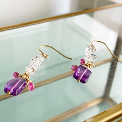 [二、四、七月生日石] Herkimer 鑽石 &amp; 紫水晶 &amp; 紅寶石耳環 / 耳環 第1張的照片