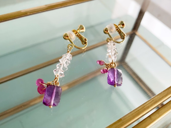 [二、四、七月生日石] Herkimer 鑽石 &amp; 紫水晶 &amp; 紅寶石耳環 / 耳環 第2張的照片
