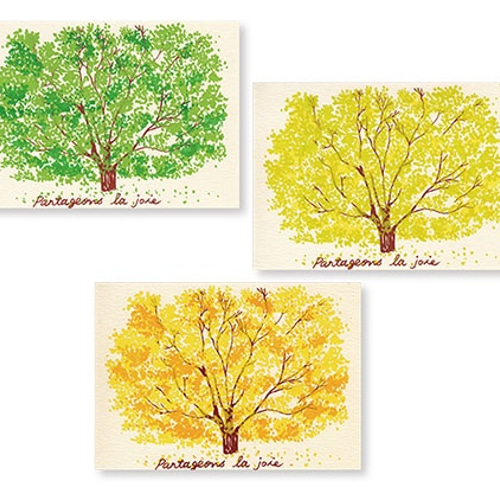 銀杏の樹3色彩＊版画（シルクスクリーン）ポストカード＊3枚セット