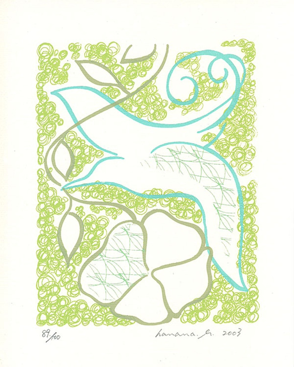 風薫る頃（版画シルクスクリーン）＊鳥 花 グリーン インテリア 版画