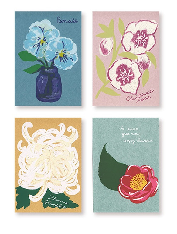 冬の花＊版画（シルクスクリーン)＊ポストカード4枚＊パンジー