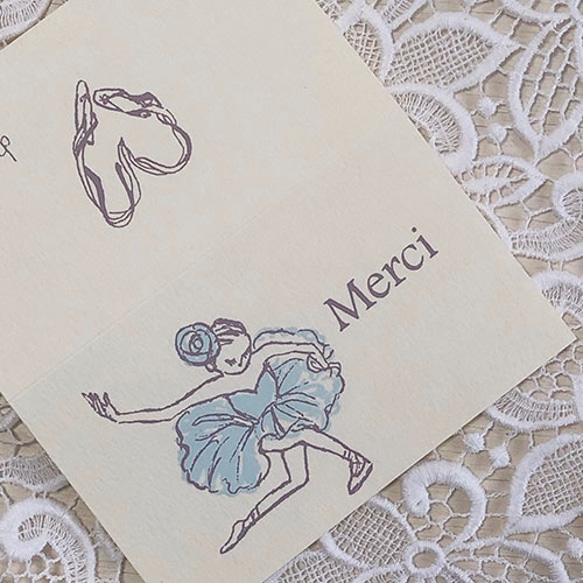５人の春色バレリーナ＊手刷り版画二つ折りミニカード（封筒付）5枚セット、バレエ バレリーナ ありがとう メルシー 9枚目の画像