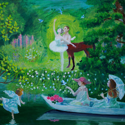 title「水辺の舞台」アクリル画、バレエ、バレリーナ、ボート、鑑賞、植物、花、天使、馬、ダンス、森 1枚目の画像