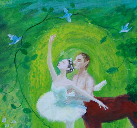 title「水辺の舞台」アクリル画、バレエ、バレリーナ、ボート、鑑賞、植物、花、天使、馬、ダンス、森 4枚目の画像
