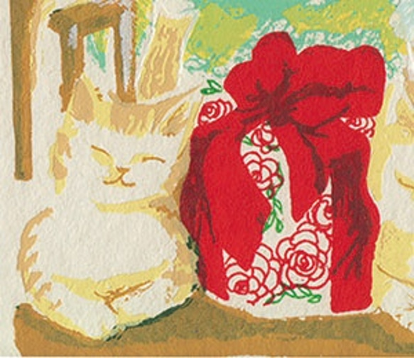 クリスマスの朝＊シースルー封筒付小さな版画パルフェ＊猫、xmas,ギフト、プレゼント、雲、空 2枚目の画像
