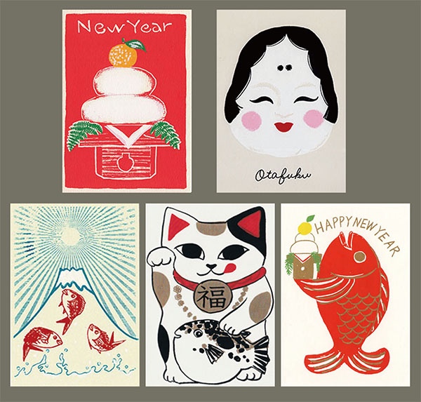 新年の祝い＊版画（シルクスクリーン）ポストカード＊5枚セット