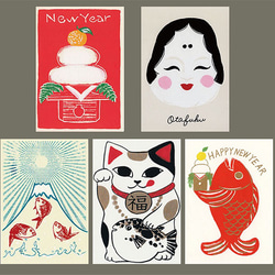 新年の祝い＊版画（シルクスクリーン）ポストカード＊5枚セット