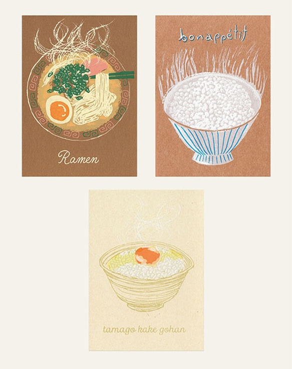 ラーメンご飯＊版画（シルクスクリーン）ポストカード＊3枚セット＊お 