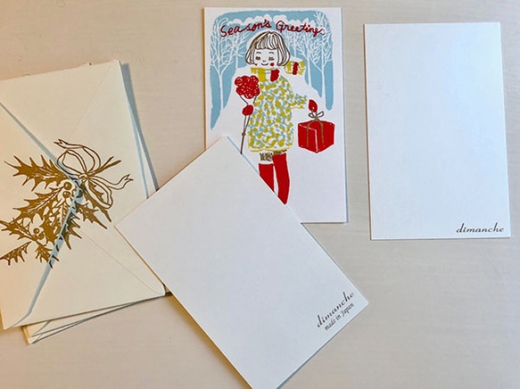 ガーリー Xmas＊版画（シルクスクリーン）単カードと封筒の3枚セット＊クリスマス 女の子 バレエ 雪 ブル ソファ 2枚目の画像