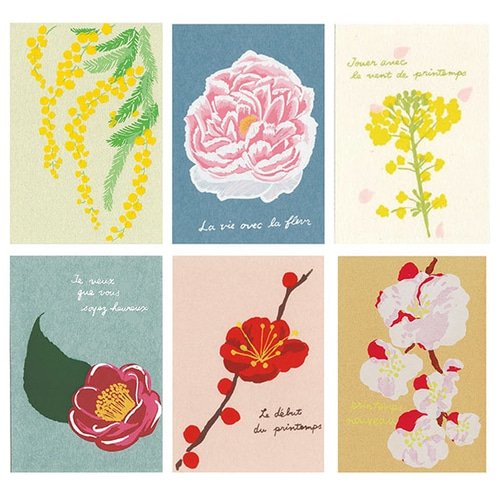 早春のお花＊版画（シルクスクリーン）ポストカード＊椿,菜の花,ミモザ