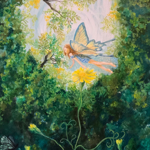 title「 追憶の楽園」アクリル画,森,光,空,花,蝶,虫,インテリア title「 追憶の楽園」アクリル画,森,光,空,花,蝶,虫,インテリア