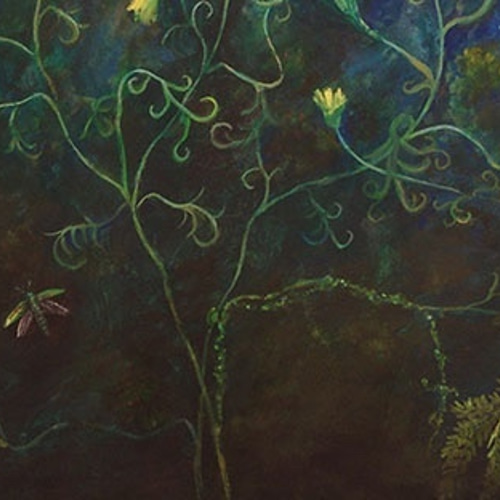 【予約受付中】 title「 追憶の楽園」アクリル画,森,光,空,花,蝶,虫,インテリア 絵画