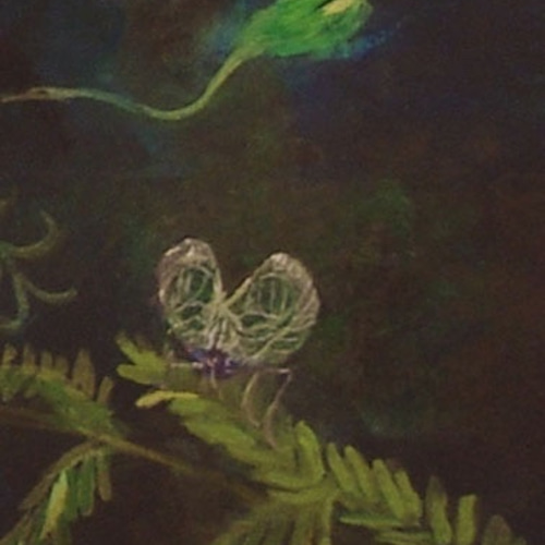 title「 追憶の楽園」アクリル画,森,光,空,花,蝶,虫,インテリア