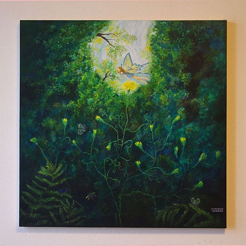 title「 追憶の楽園」アクリル画,森,光,空,花,蝶,虫,インテリア title「 追憶の楽園」アクリル画,森,光,空,花,蝶,虫,インテリア
