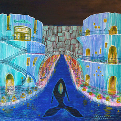 title「 水門の鯨」アクリル画,絵画,海,夜,ライトアップ,クジラ 1枚目の画像
