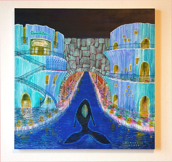 title「 水門の鯨」アクリル画,絵画,海,夜,ライトアップ,クジラ 2枚目の画像