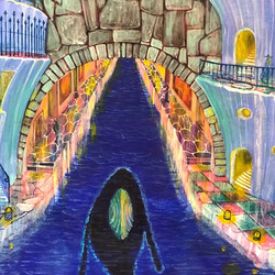 title「 水門の鯨」アクリル画,絵画,海,夜,ライトアップ,クジラ 3枚目の画像