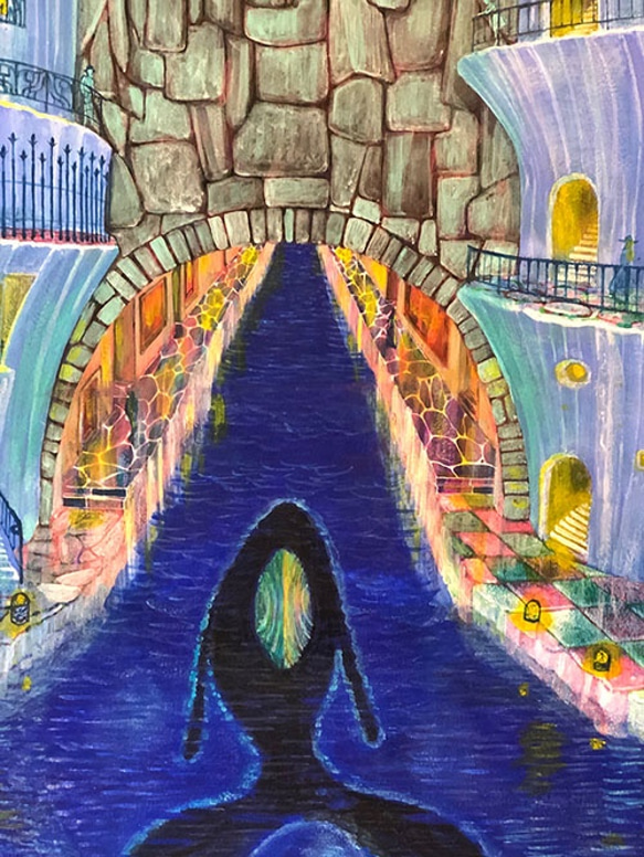 title「 水門の鯨」アクリル画,絵画,海,夜,ライトアップ,クジラ 3枚目の画像