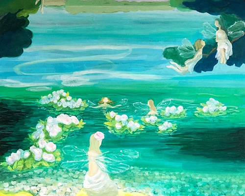 絵画　象の沐浴 title「 妖精の沐浴」アクリル画,絵画,湖,風景画,妖精 羽根,海