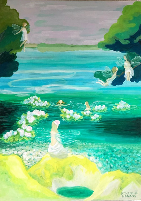 title「 妖精の沐浴」アクリル画,絵画,湖,風景画,妖精 羽根,海,湖畔 1枚目の画像