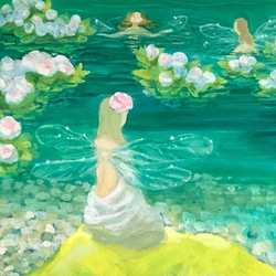 title「 妖精の沐浴」アクリル画,絵画,湖,風景画,妖精 羽根,海,湖畔 3枚目の画像