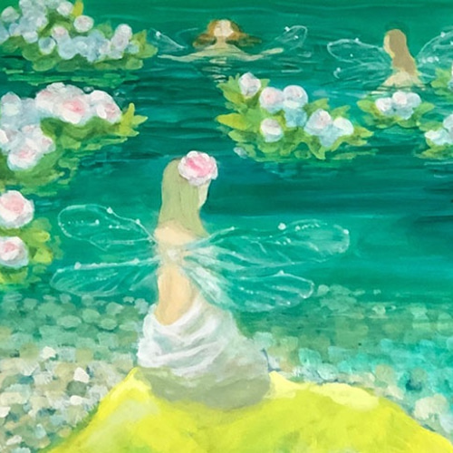 title「 妖精の沐浴」アクリル画,絵画,湖,風景画,妖精 羽根,海