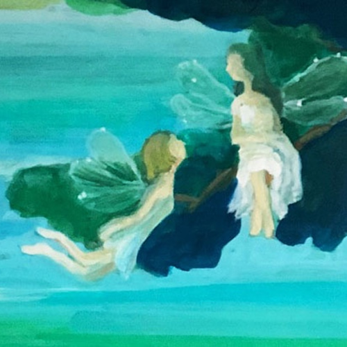 title「 妖精の沐浴」アクリル画,絵画,湖,風景画,妖精 羽根,海