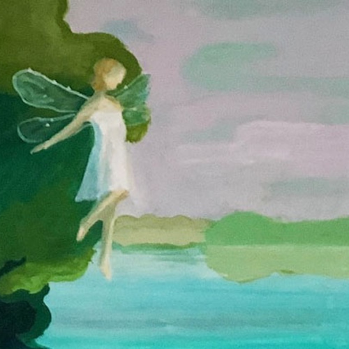 title「 妖精の沐浴」アクリル画,絵画,湖,風景画,妖精 羽根,海,湖畔