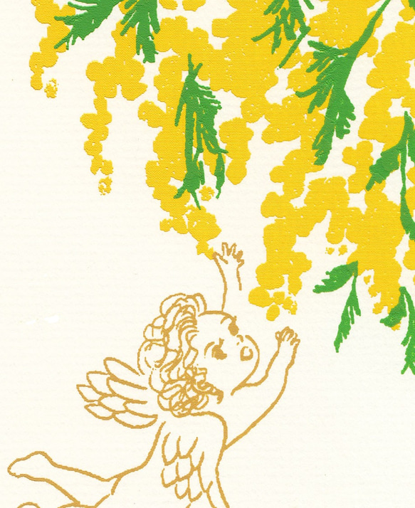 「エンジェル ミモザ」（シルクスクリーン）＊絵,mimosa,angel,春,黄色,花,フラワー,天使,インテリア 5枚目の画像