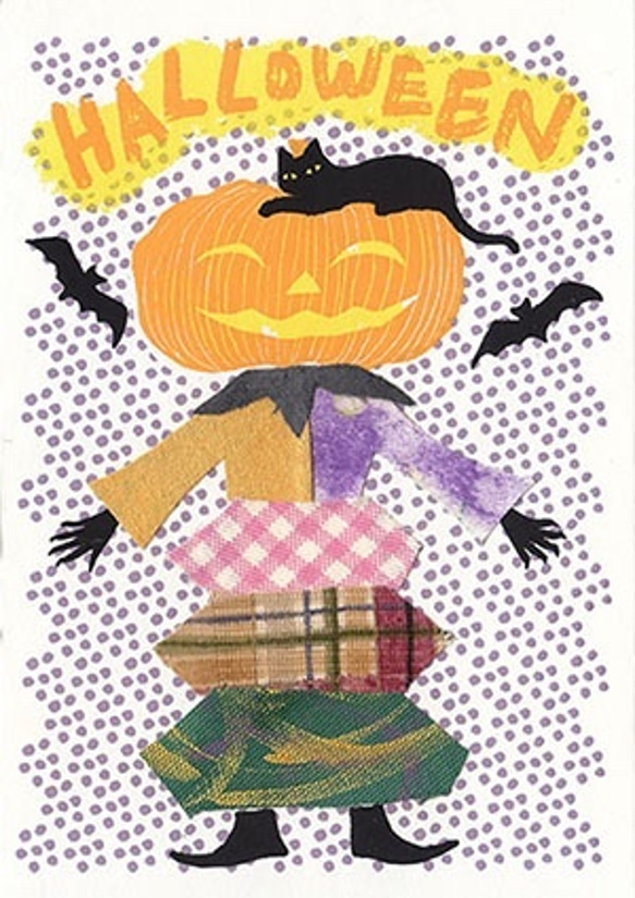 ハロウィン２種のgreetingcard setB＊版画＊限定 halloween カボチャ コラージュ 布 秋 2枚目の画像