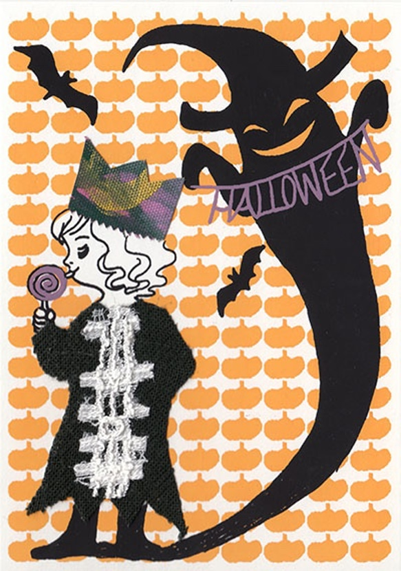 おばけ骨ワンピgreetingcard ＊版画＊限定 halloween  コラージュ 布 ハロウィン 1枚目の画像