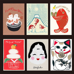 新年賀卡版畫（絲印）明信片* 6張套*招手貓慶祝Otafuku Kaoru富士山 第1張的照片