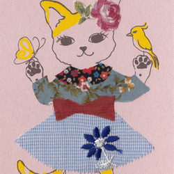 ソロCatgirl コラージュgreeting＊版画＊限定１枚  猫 小鳥 グリーティング cat bird 1枚目の画像