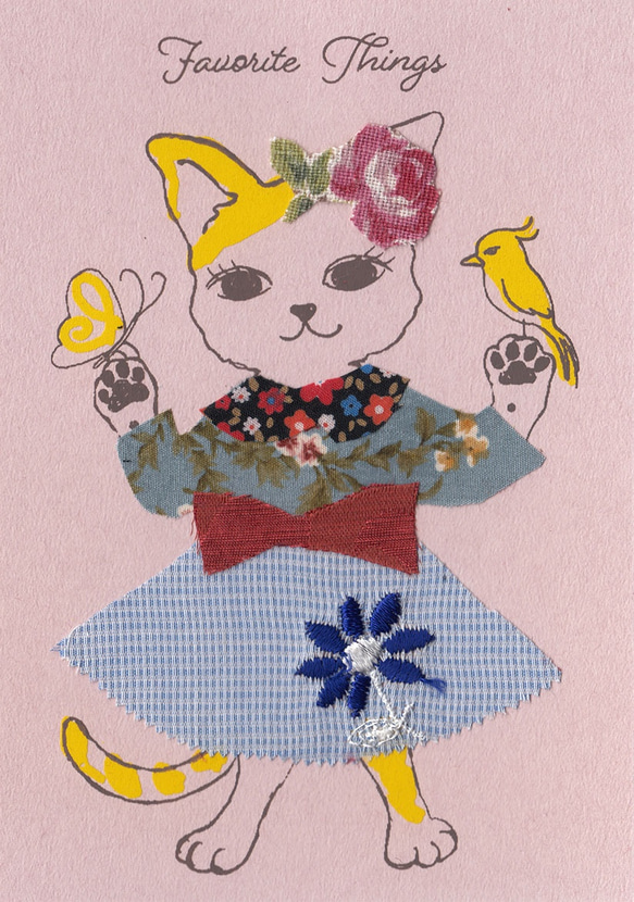 ソロCatgirl コラージュgreeting＊版画＊限定１枚  猫 小鳥 グリーティング cat bird 1枚目の画像