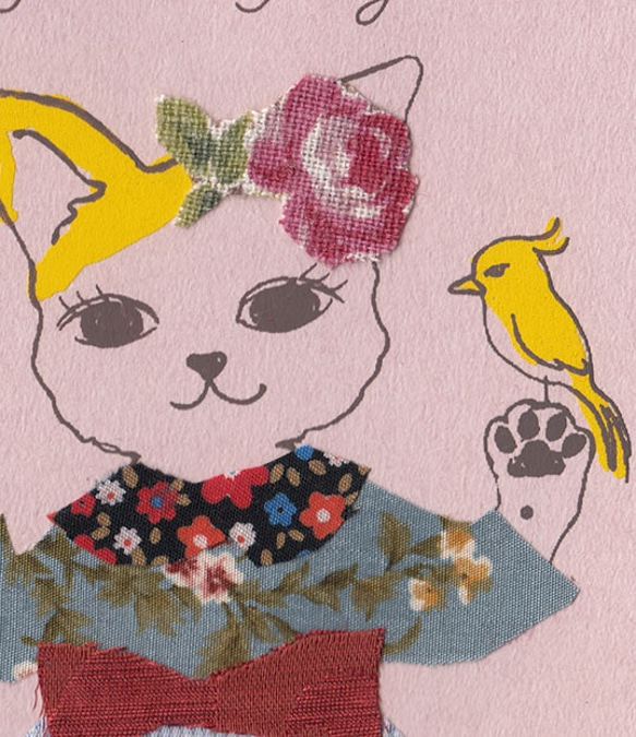 ソロCatgirl コラージュgreeting＊版画＊限定１枚  猫 小鳥 グリーティング cat bird 2枚目の画像