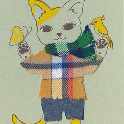 ソロCatboy コラージュgreeting＊版画＊限定１枚  猫 小鳥 グリーティング cat bird 1枚目の画像