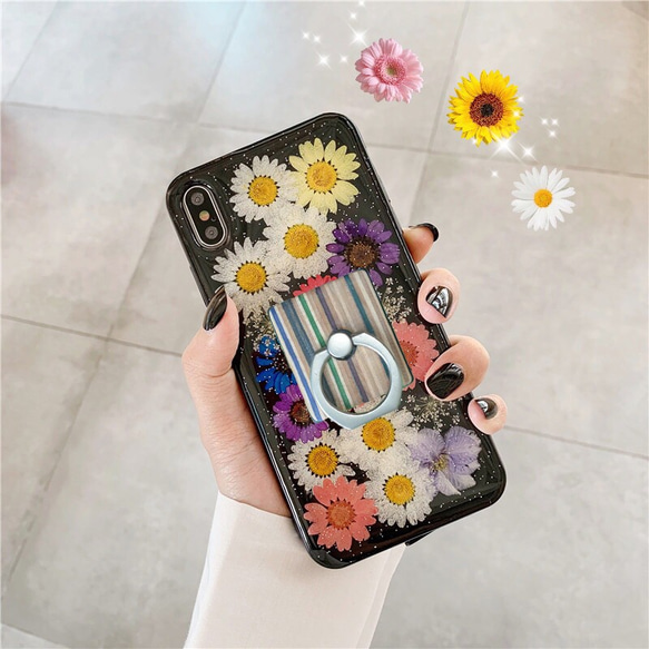 受注生産 職人手作り iPhoneケース オリジナル バンカーリング  iPhoneリング エコ  木工 木目 押し花 2枚目の画像