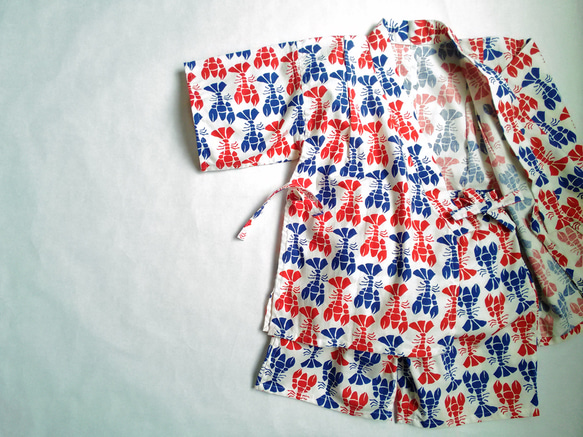 子供甚平　moda fabric  ザリガニ柄　赤×青　110サイズ 2枚目の画像