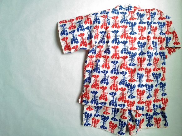 子供甚平　moda fabric  ザリガニ柄　赤×青　110サイズ 3枚目の画像