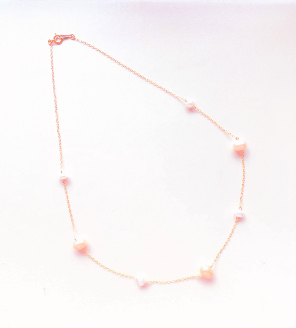 14kgf gold genuine pearl つなぎパール（ネックレス）ピンク×ポテト